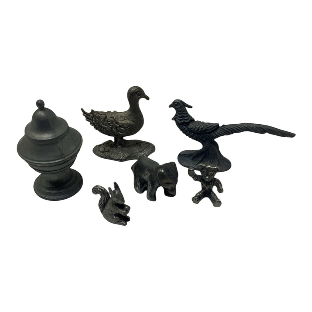 Vintage (6) Pewter Animals Lidded Urn Miniature Figurines Birds Squirrel Bears